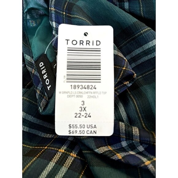 Torrid Women's 3, 3X, 22-24 Green Plaid Chiffon Ruffled Surplice Crop Top NWT * - Picture 7 of 10